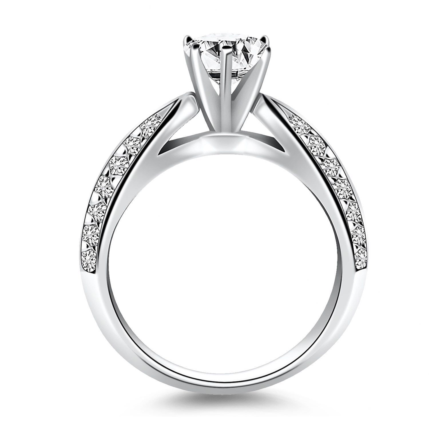 Anillo de compromiso de oro blanco de 14 quilates con diamantes pavé de doble fila tipo catedral