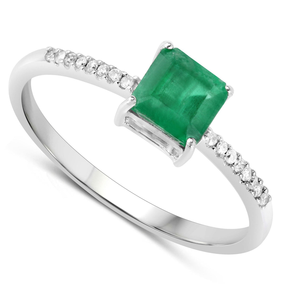 Anillo de oro blanco de 14 quilates con esmeralda zambiana auténtica de 0,64 quilates y diamantes blancos