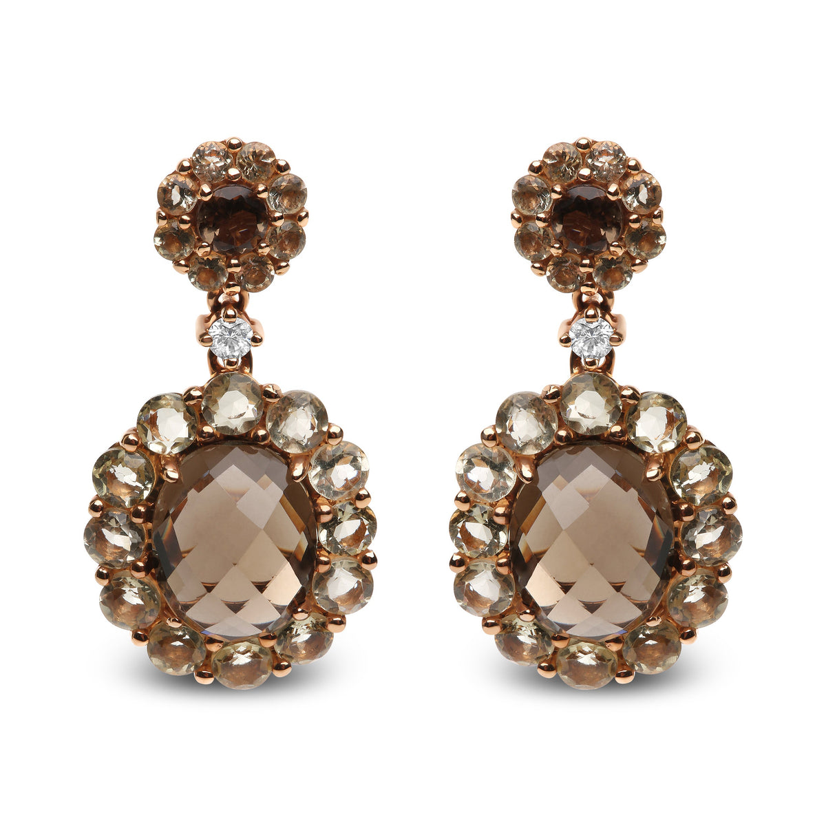Pendientes colgantes de cuarzo de color limón y ahumado ovalado con acento de diamante de oro rosa de 18 quilates (color G-H, claridad SI1-SI2)