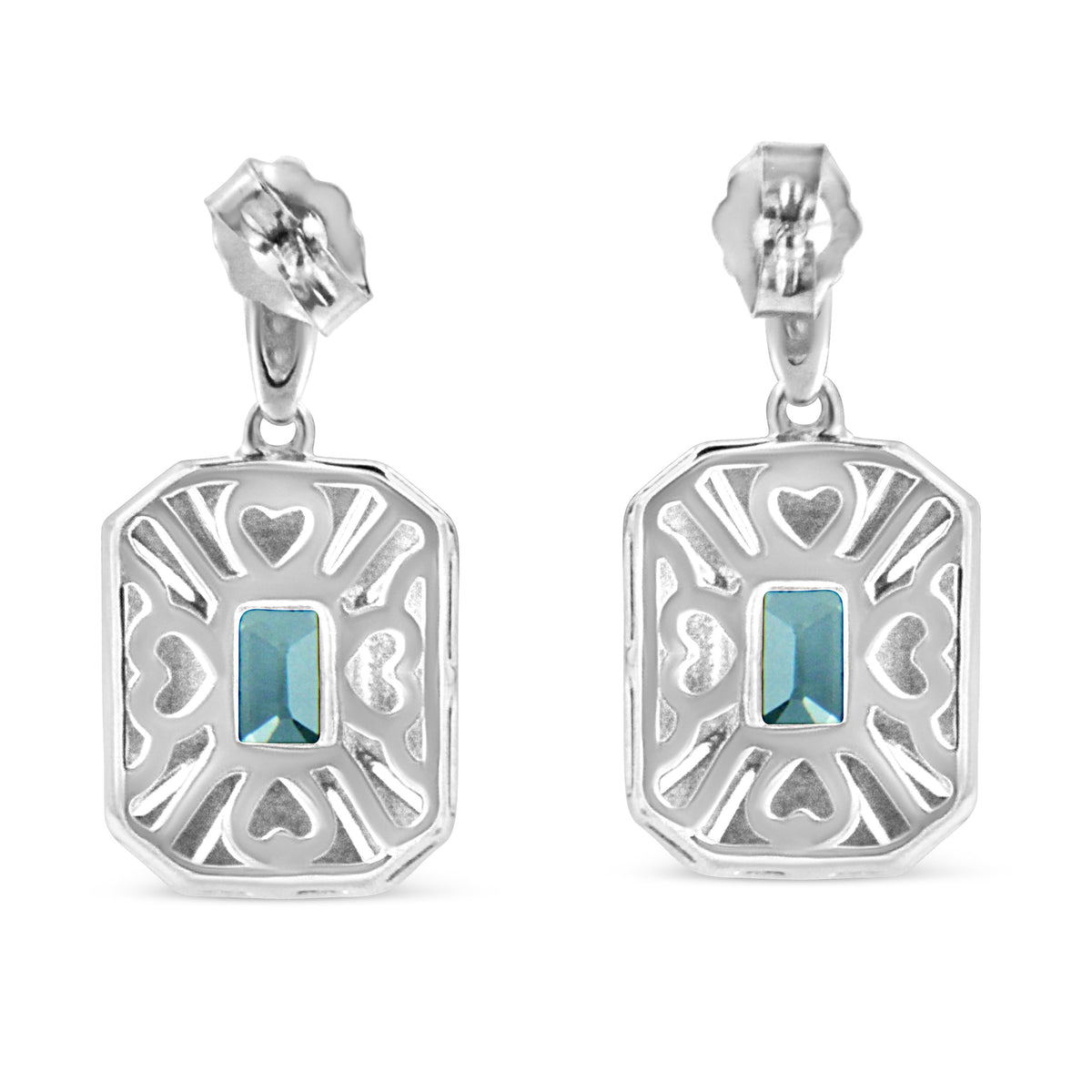 Pendientes colgantes de plata de ley .925 con topacio azul talla esmeralda de 7x5 mm y detalles de diamantes estilo art déco (Color I-J, Claridad I1-I2)
