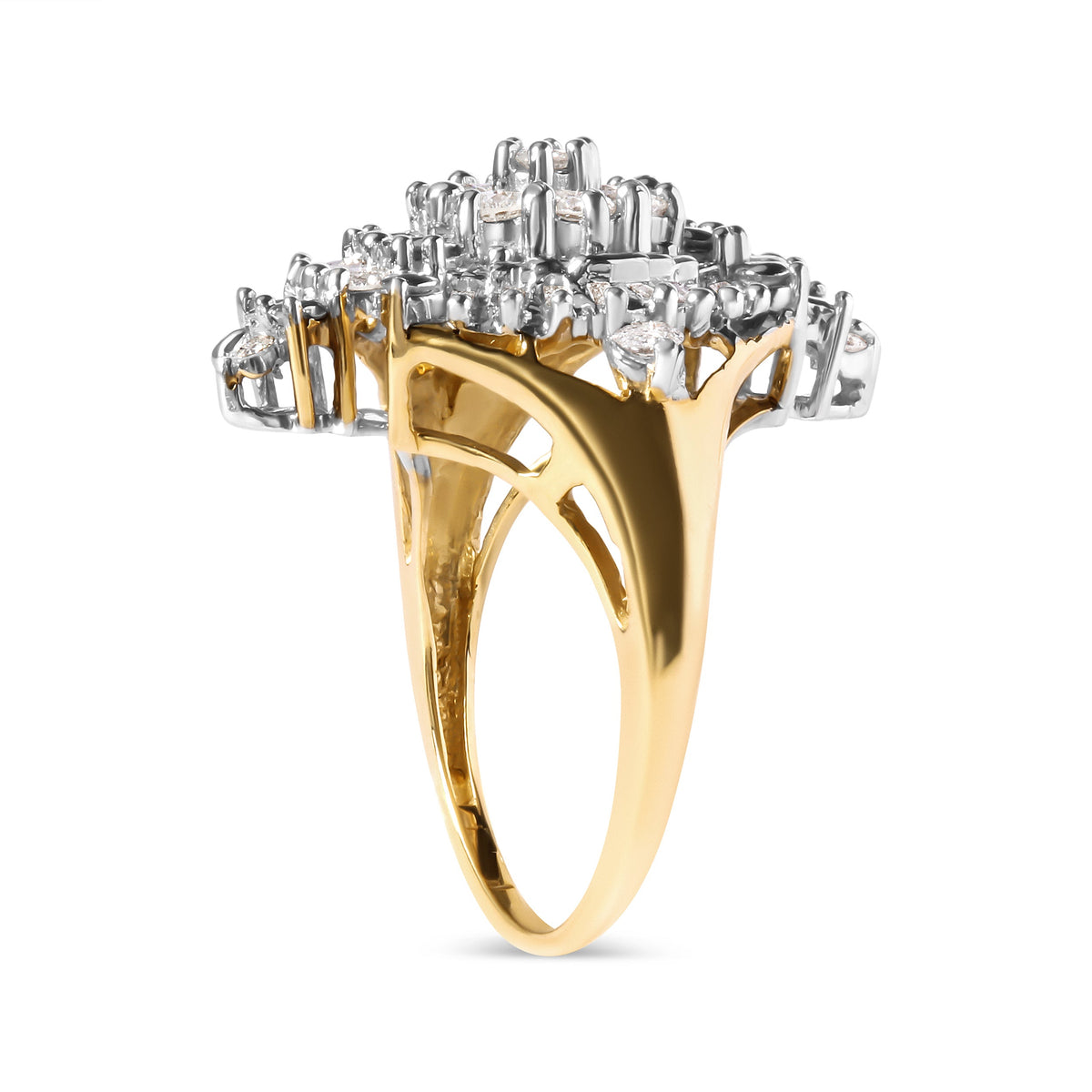 Anillo de oro amarillo de 10K con racimo de diamantes redondos y de talla baguette de 1 quilate de peso total y halo de rombos (color H-I, claridad I1-I2) - Talla 7