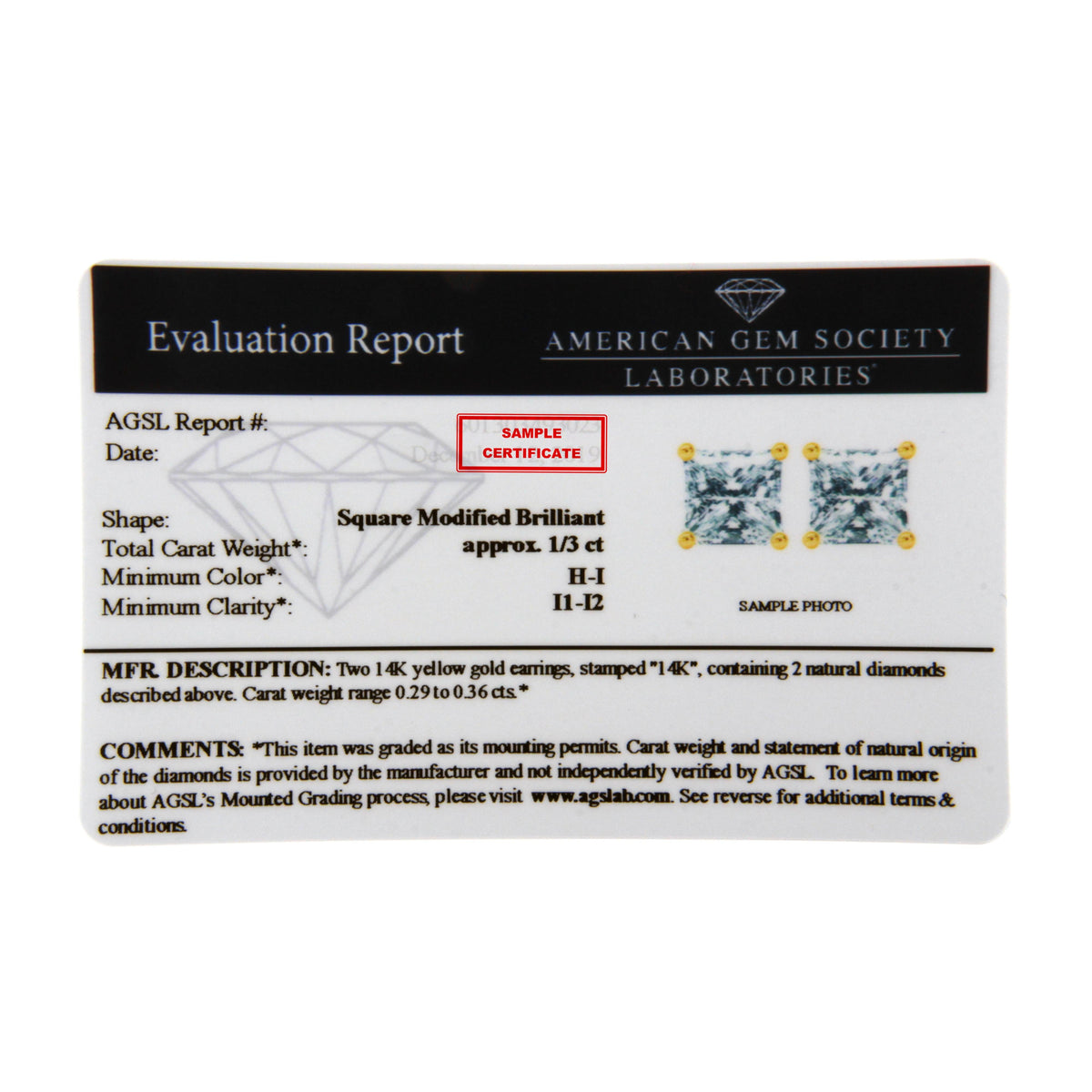 Pendientes de tuerca certificados de oro amarillo de 14 quilates con diamantes de talla princesa con claridad mejorada (0,50 ct en total, color H-I, claridad I1-I2)