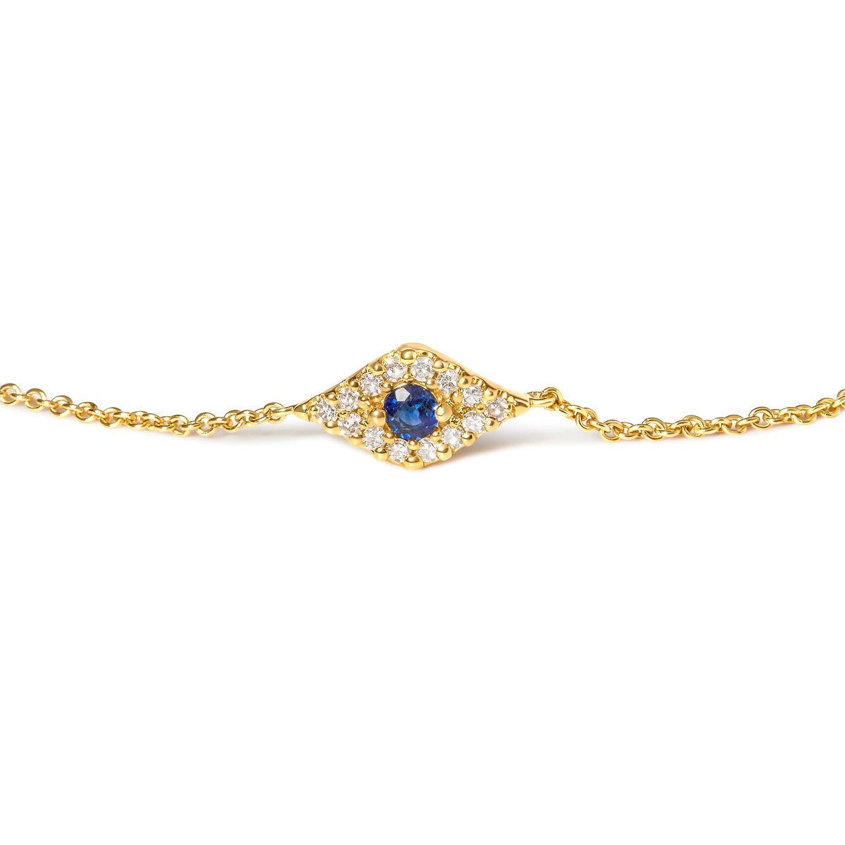 Pulsera de eslabones de estación de oro amarillo de 10 K con zafiro azul y acento de diamante de ojo turco (color H-I, claridad I1-I2) - Talla 7"