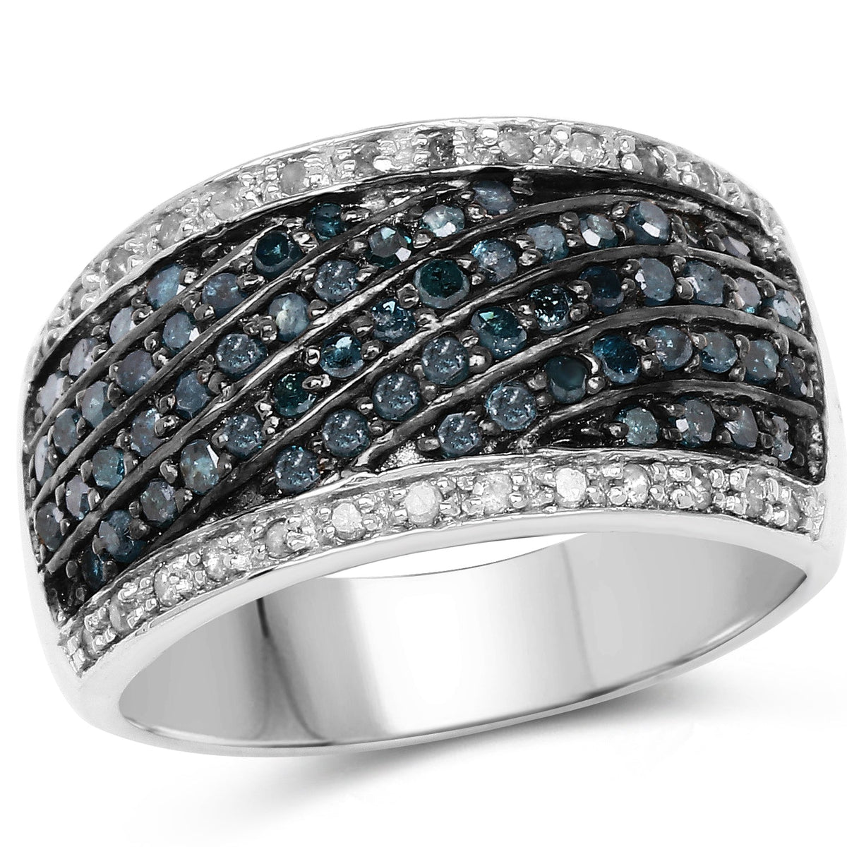 Anillo de Plata de ley .925 con Diamante Azul Genuino de 0.80 Quilates y Diamantes Blancos