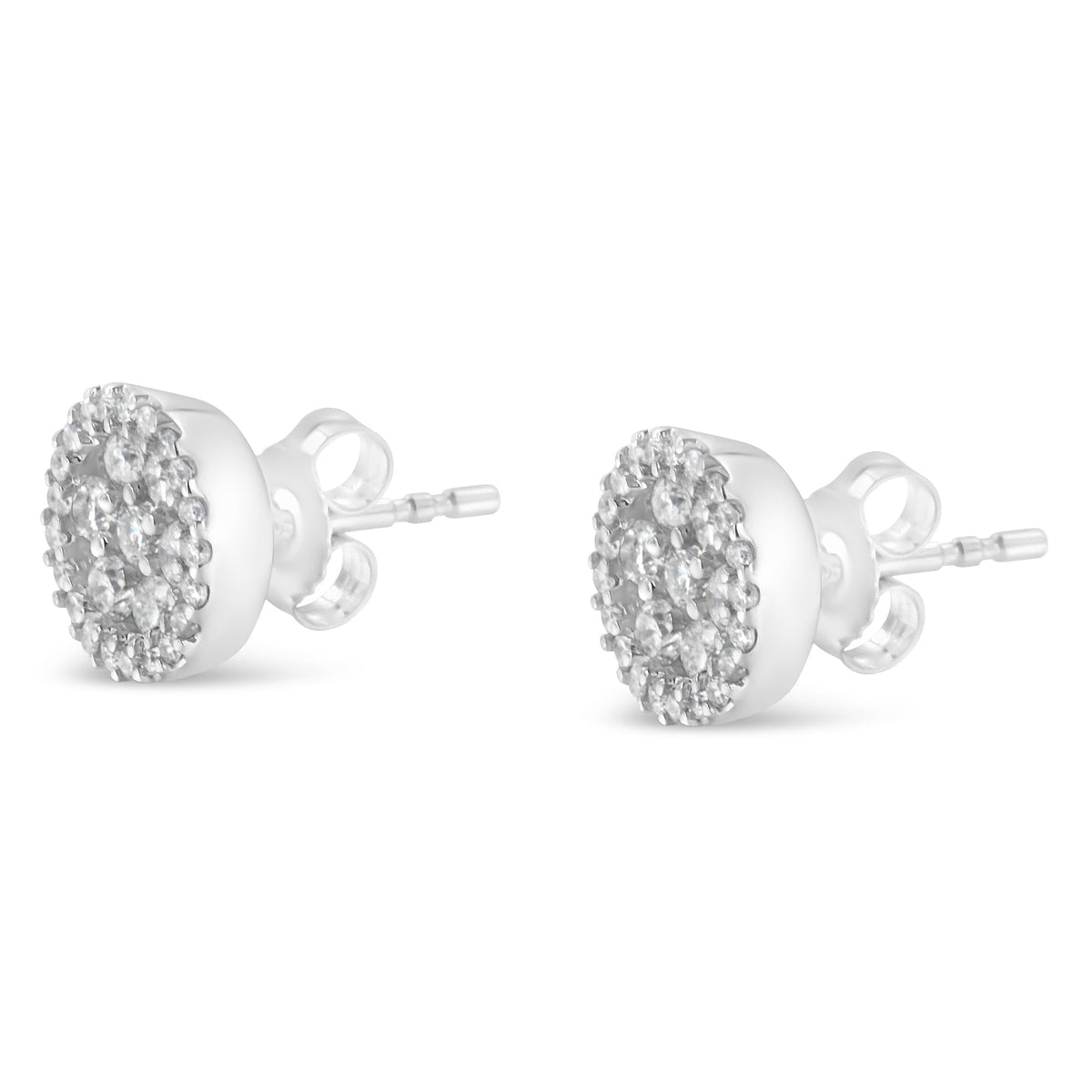 Pendientes de botón redondos de racimo estilo halo con diamantes de talla brillante de 1,0 Cttw en oro blanco de 14K, certificados por AGS (color G-H, claridad I1-I2)