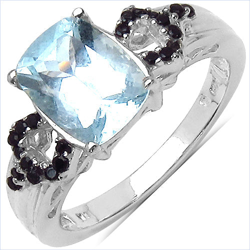 Anillo de plata de ley .925 con aguamarina auténtica de 1,92 quilates y espinela negra