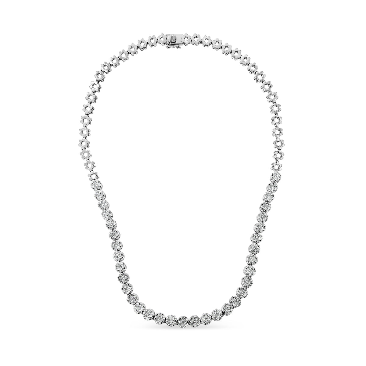 Collar llamativo Riviera Graduado de Oro Blanco de 14K con Diamantes Redondos Engastados en Pavé de 8.0 Cttw Certificado por IGI (Color H-I, Claridad I1)