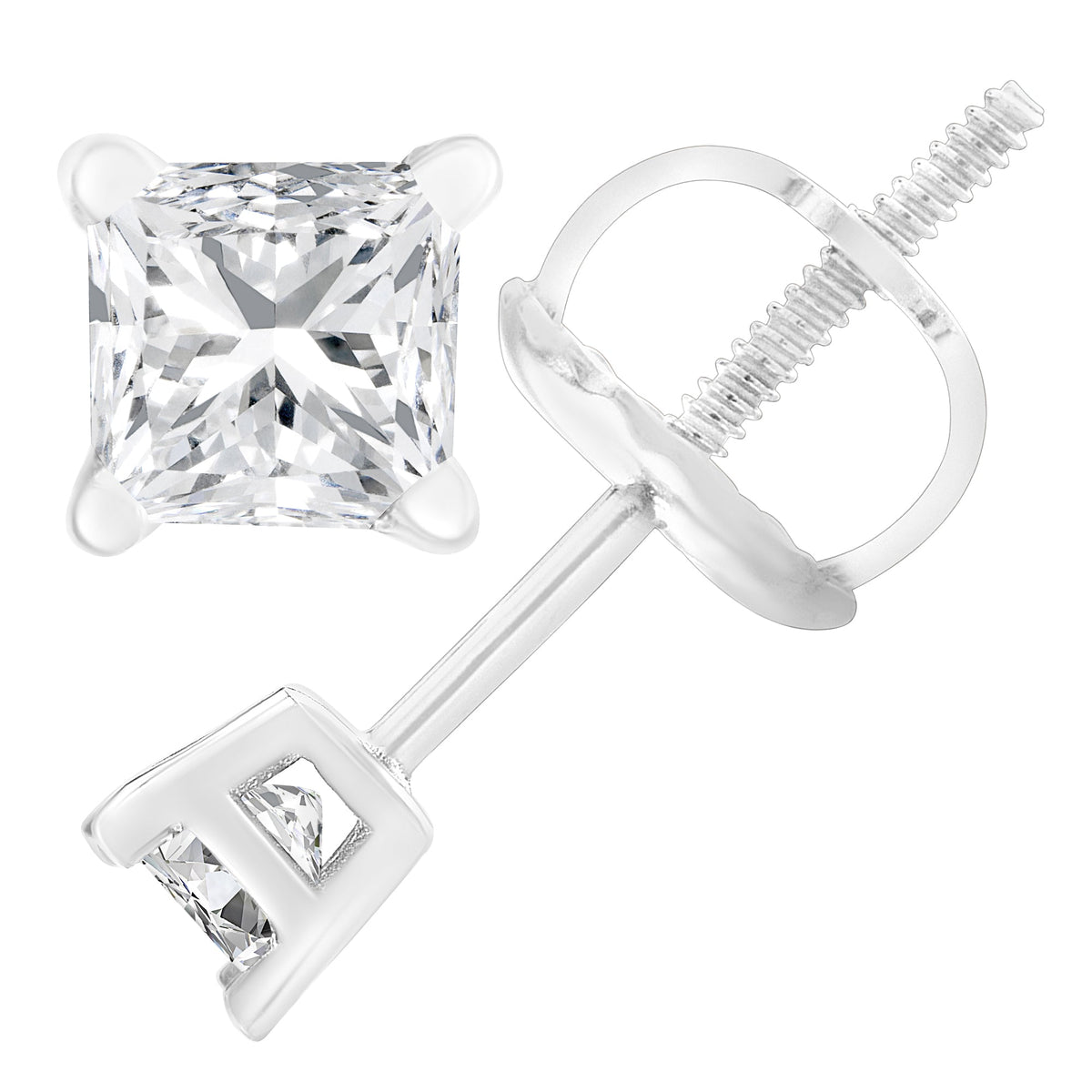 Pendientes de tuerca de oro blanco de 18 quilates con diamante solitario de talla princesa de 1,0 Cttw engastado en 4 puntas AGS Certified (color E-F, claridad SI2-I1)