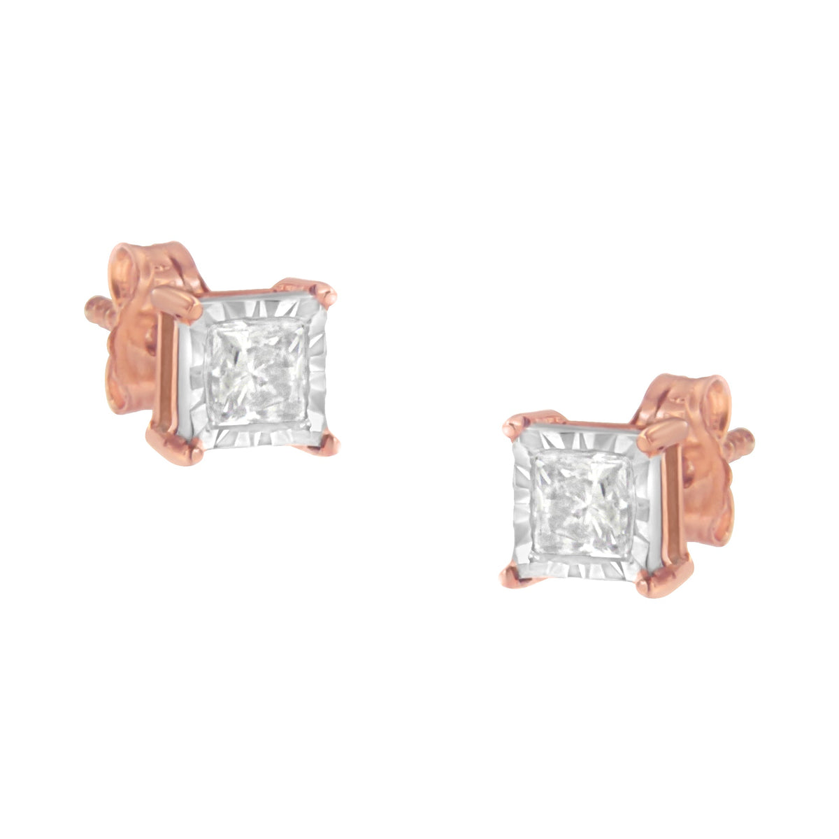 Pendientes de botón con solitario de diamante talla princesa de 0,50 ct. en total, chapados en oro rosa de 14K de dos tonos, plata de ley .925, montura de ilusión (color J-K, claridad I2-I3)