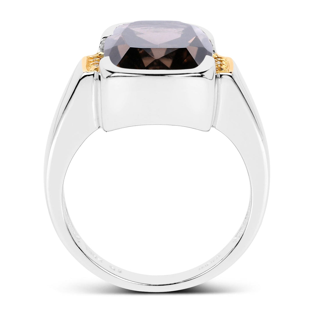 Two Tone Plated 5.51 Carat Genuine Smoky Quartz and White Topaz .925 Sterling Silver Ring