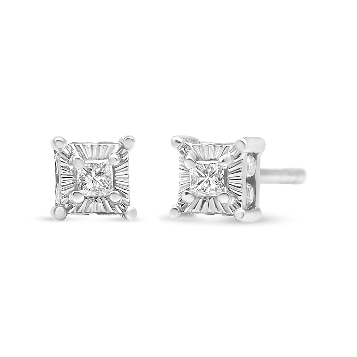 Pendientes solitario de plata de ley .925 de 1/4 quilate de diamantes de talla princesa con engaste "milagro" y halo oculto (color I-J, claridad SI2-I1)