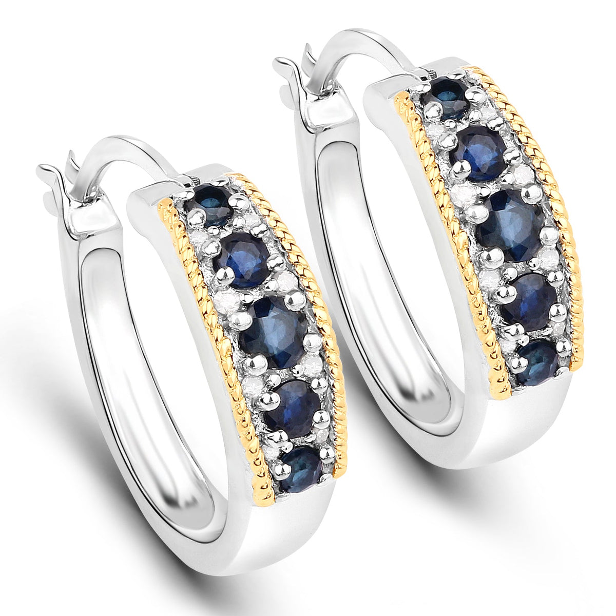 Pendientes de 0,70 quilates de zafiro azul genuino y diamantes blancos de plata de ley .925 con oro amarillo de 14 quilates