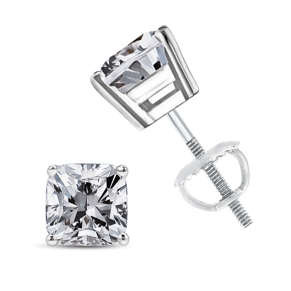 Pendientes de solitario con diamantes de talla princesa de 14 quilates de oro blanco y 1 1/2 quilates de peso total con claridad mejorada (color I-J, claridad I1-I2)