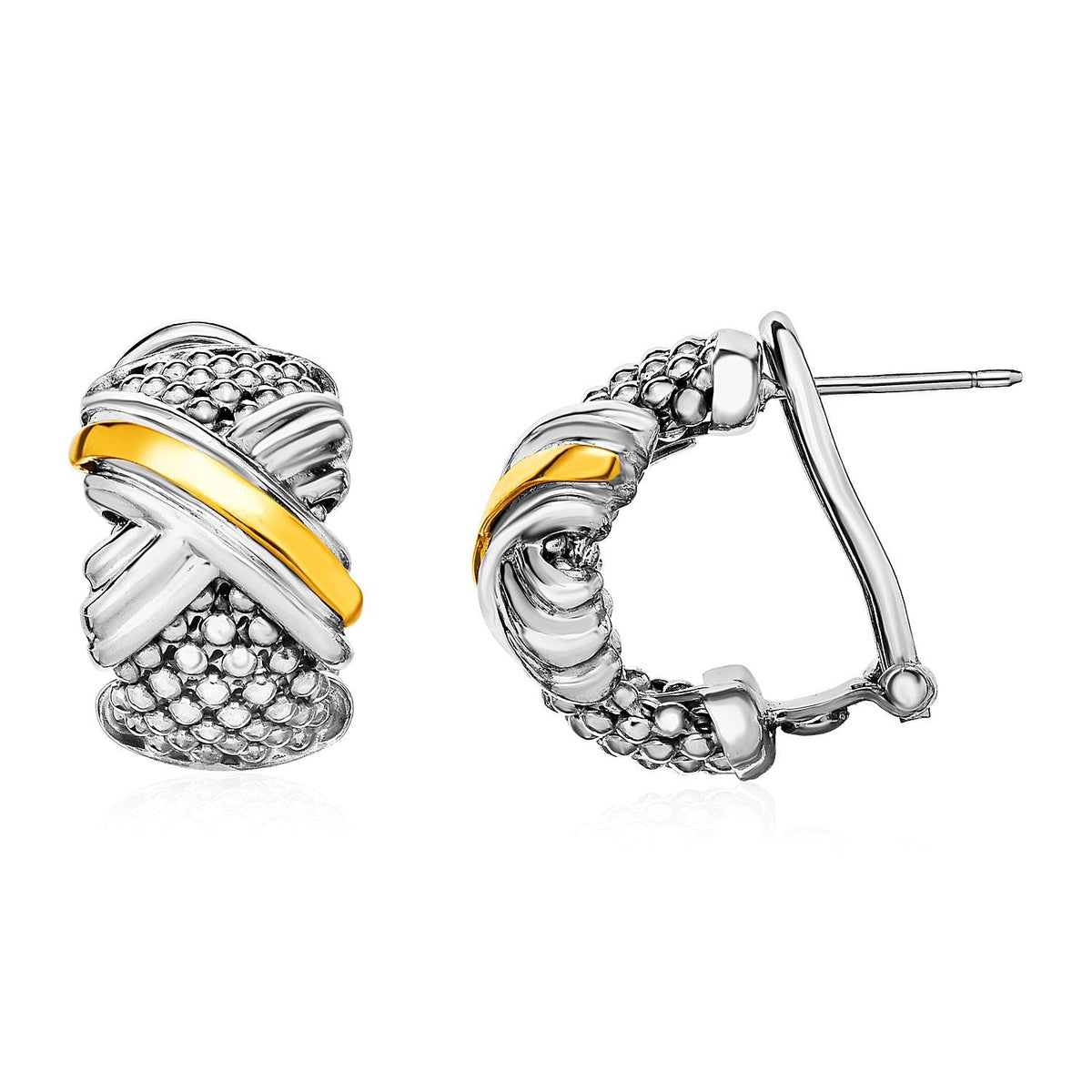 Pendientes de textura de palomitas de maíz con motivo X en plata de ley y oro amarillo de 18k