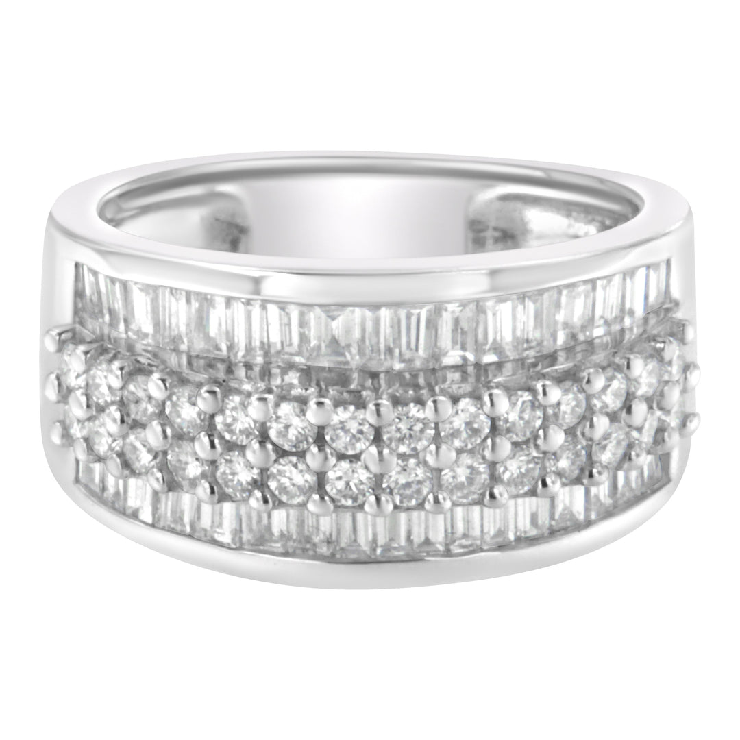 14K White Gold Round and Baguette Diamond Ring (1 1/2 Cttw, F-G Color, SI1-SI2 Clarity) - Size 6-3/4