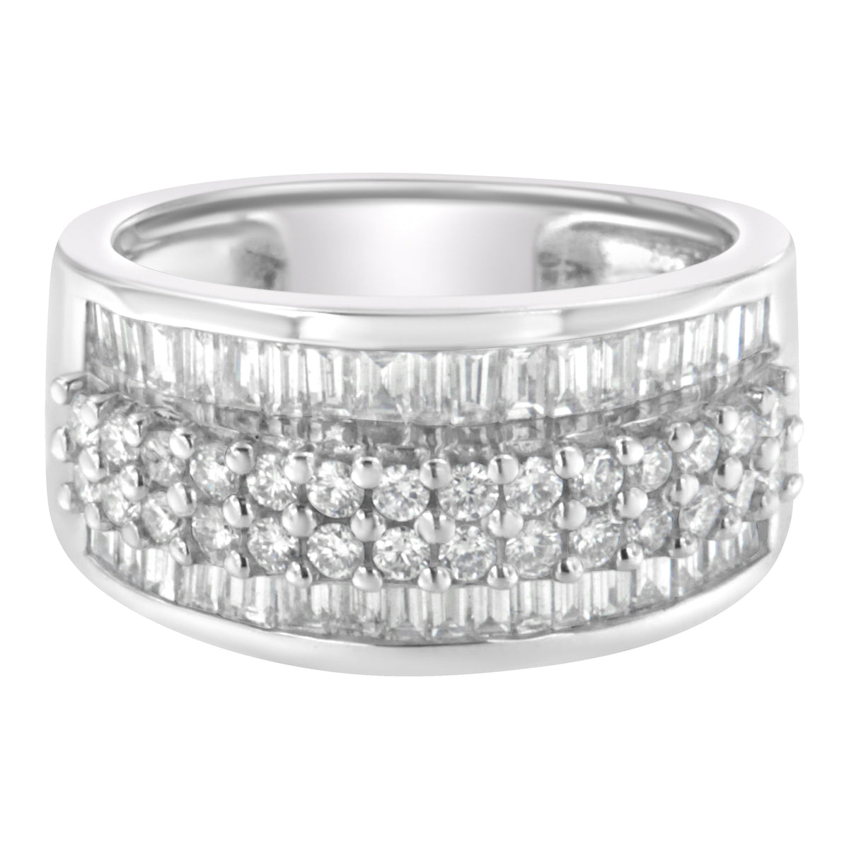 Anillo de oro blanco de 14K con diamantes redondos y baguette (1 1/2 Cttw, color F-G, claridad SI1-SI2) - Talla 6-3/4