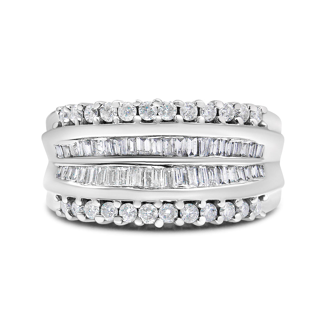 14K White Gold 1.00 Cttw Round and Baguette-Cut Diamond Modern Band Ring (H-I Color, SI2-I1 Clarity) - Ring Size 7