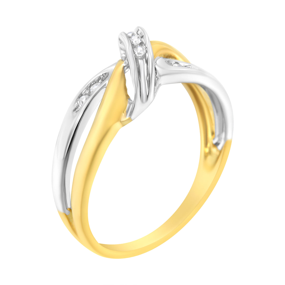 Anillo de oro amarillo y blanco de 10 quilates con diamantes de talla redonda de 1/20 quilates y diseño en bypass (Color I2, Claridad I-J)