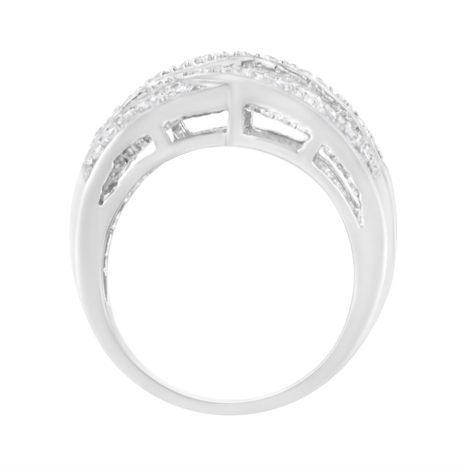 Anillo de plata de ley .925 de 1.0 Cttw con canal, diamantes redondos y baguette alternados, diseño cruzado (color I-J, claridad I2-I3) - Talla 7