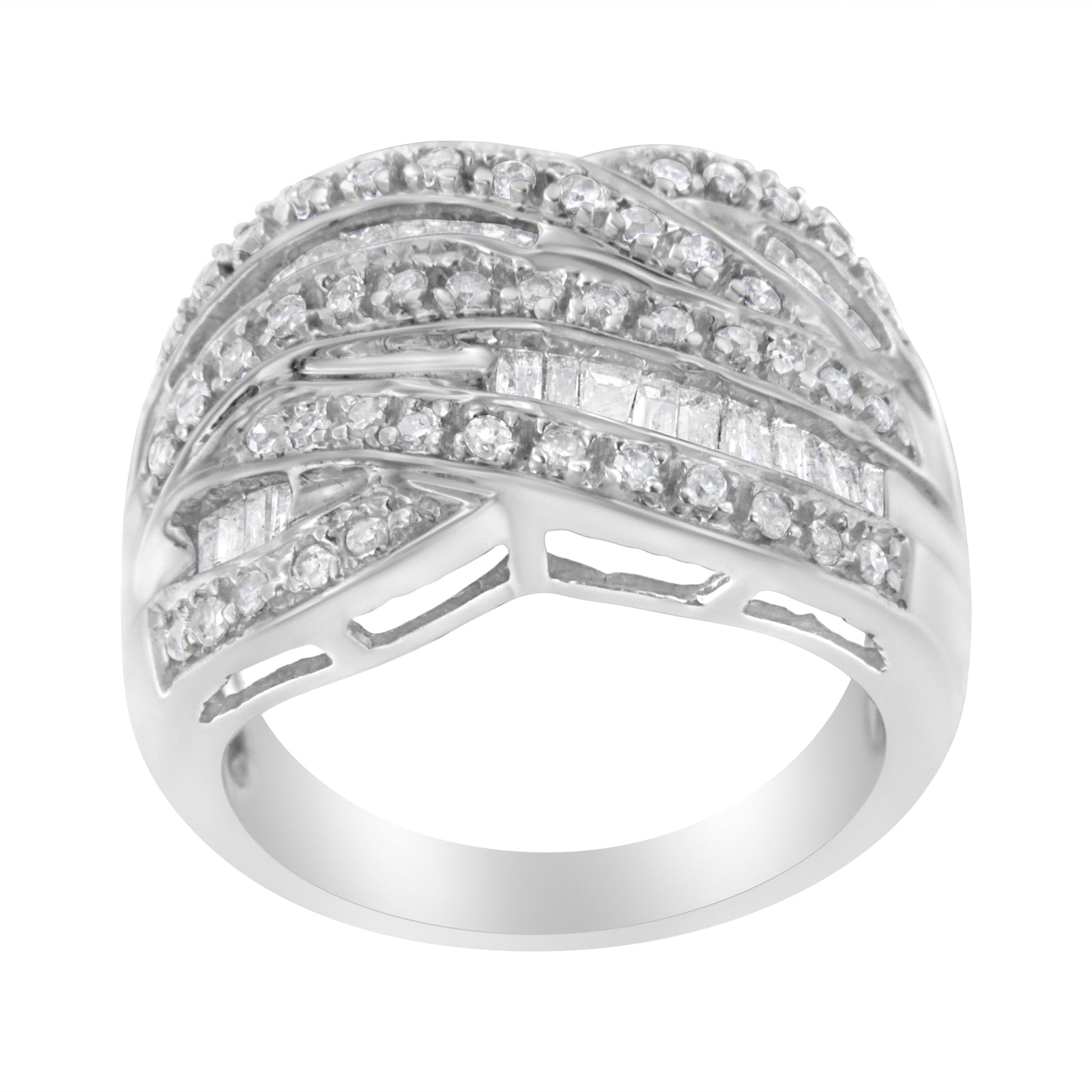 Anillo de plata de ley .925 de 1.0 Cttw con canal, diamantes redondos y baguette alternados, diseño cruzado (color I-J, claridad I2-I3) - Talla 7