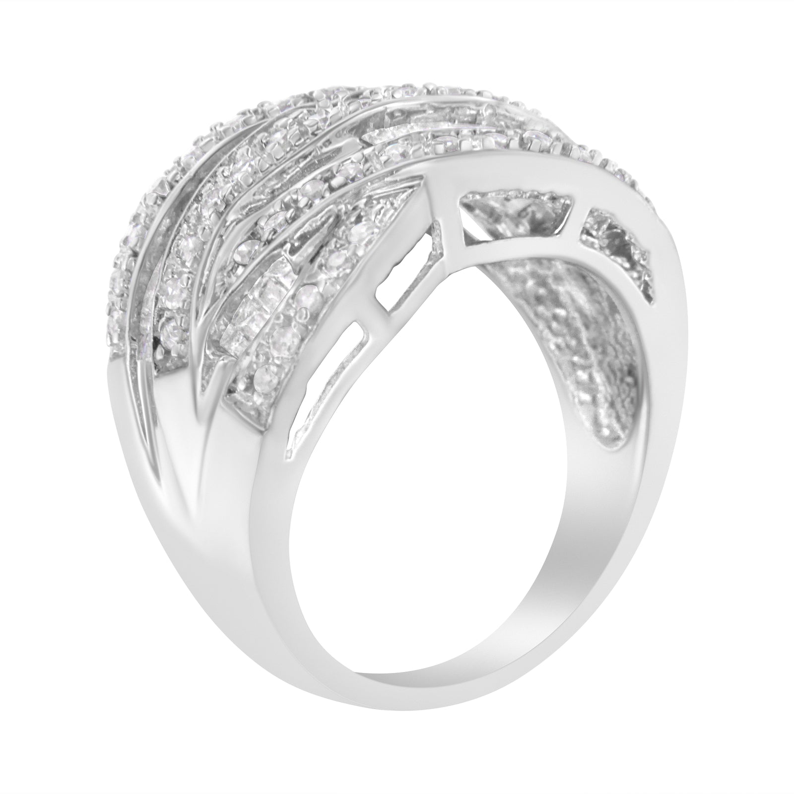 Anillo de plata de ley .925 de 1.0 Cttw con canal, diamantes redondos y baguette alternados, diseño cruzado (color I-J, claridad I2-I3) - Talla 7