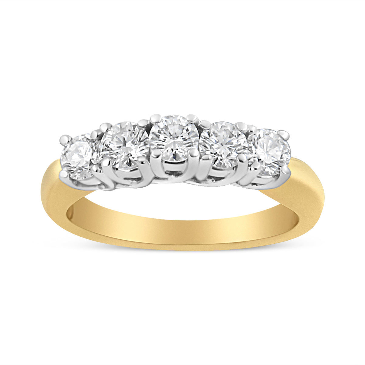 Anillo de banda de 5 piedras con diamante talla redonda de 1,0 quilates engastado con 4 puntas de oro amarillo de 18K (Color F-G, Claridad SI1-SI2) - Talla 6