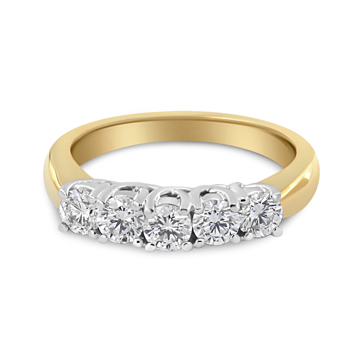 Anillo de banda de 5 piedras con diamante talla redonda de 1,0 quilates engastado con 4 puntas de oro amarillo de 18K (Color F-G, Claridad SI1-SI2) - Talla 6