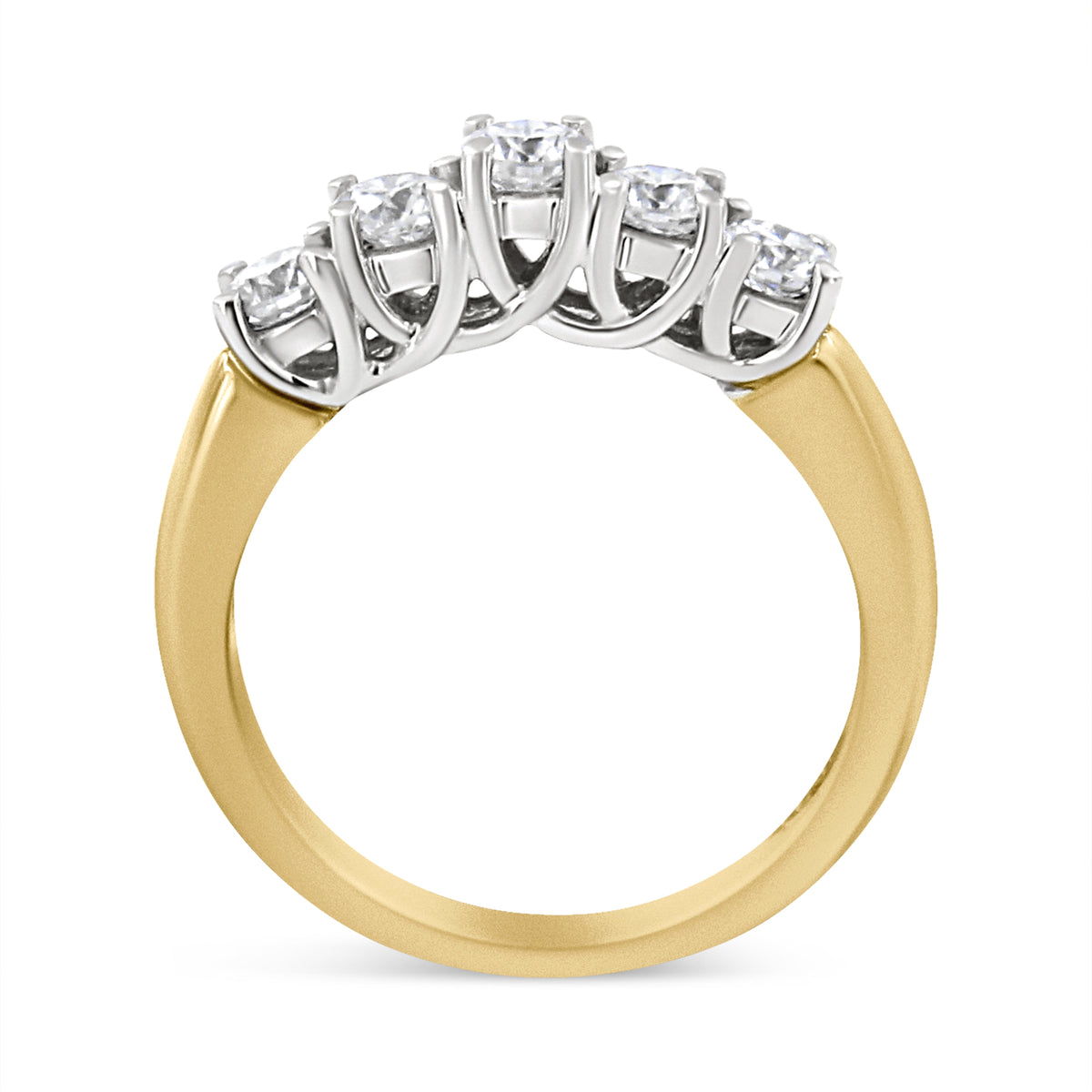 Anillo de banda de 5 piedras con diamante talla redonda de 1,0 quilates engastado con 4 puntas de oro amarillo de 18K (Color F-G, Claridad SI1-SI2) - Talla 6