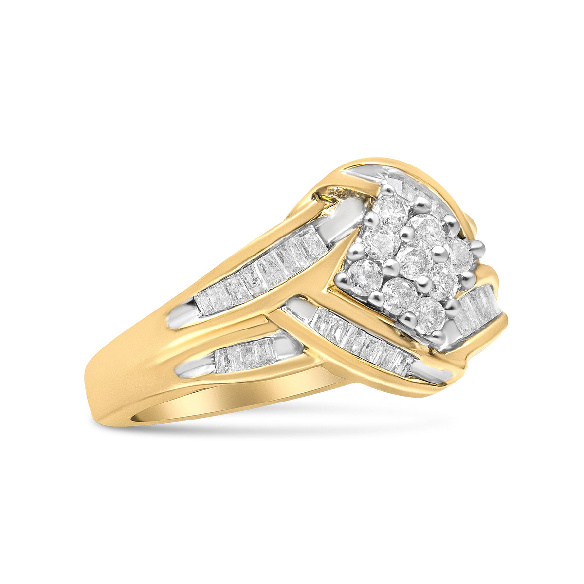 Anillo de oro blanco y amarillo de 10K con racimo de diamantes de 3/4 Cttw y diseño de remolino (Color H-I, Claridad I1-I2)