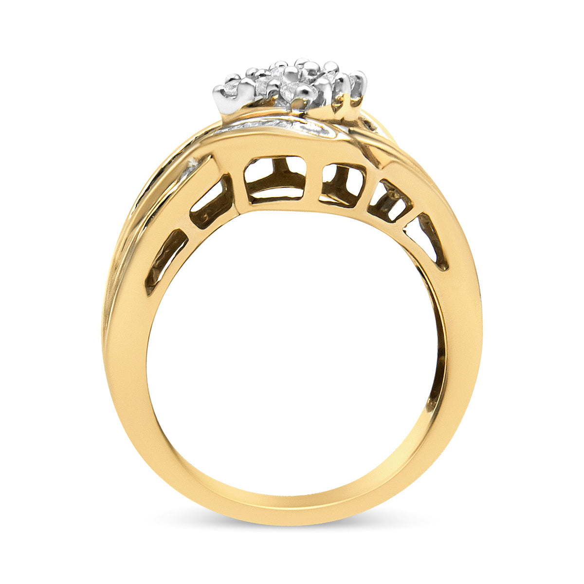 Anillo de oro blanco y amarillo de 10K con racimo de diamantes de 3/4 Cttw y diseño de remolino (Color H-I, Claridad I1-I2)