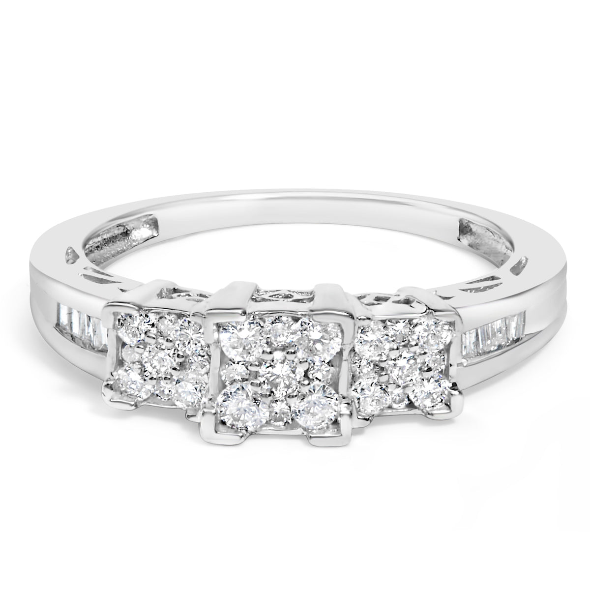 Anillo de compromiso de oro blanco de 10 quilates con diamantes talla brillante y baguette de 1/2 quilate de 3 piedras con 3 grupos cuadrados (color H-I, claridad SI2-I1) - Talla 6-3/4