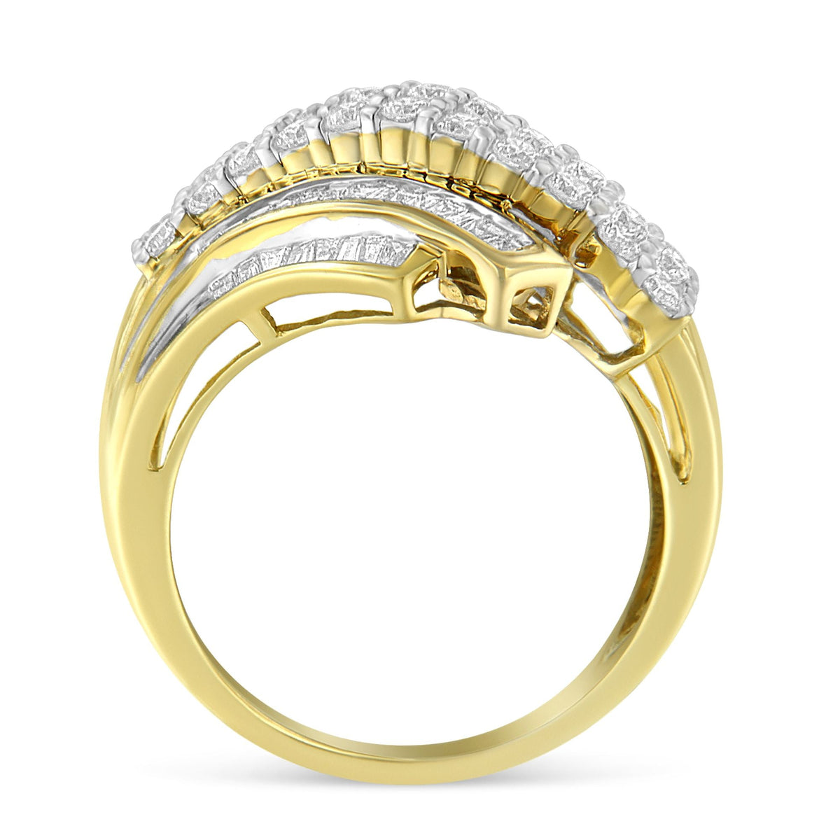 Anillo Moderno de Oro Amarillo de 10K con Diamantes Redondos y Baguette de 1.0 Quilates con 64 Piedras Engastadas en Canal Estilo Bypass (Color H-I, Claridad SI1-SI2) - Talla 6