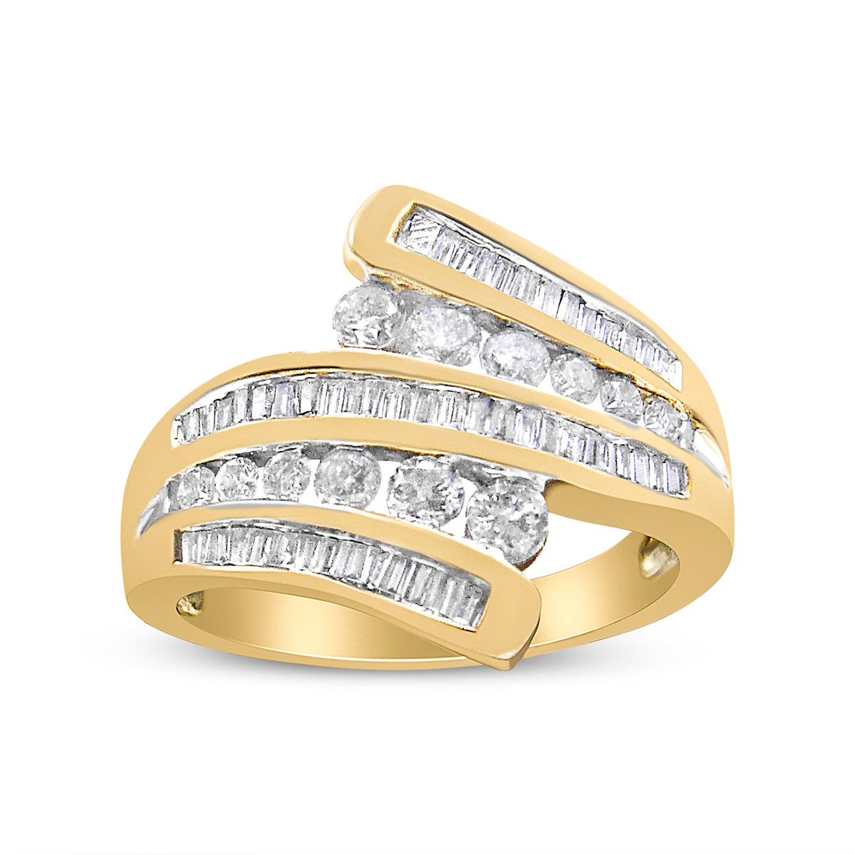 Anillo tipo banda de oro amarillo de 10 qt con diamantes redondos y talla baguette de 1 quilate (Color H-I, Claridad I1-I2) - Talla de anillo 7