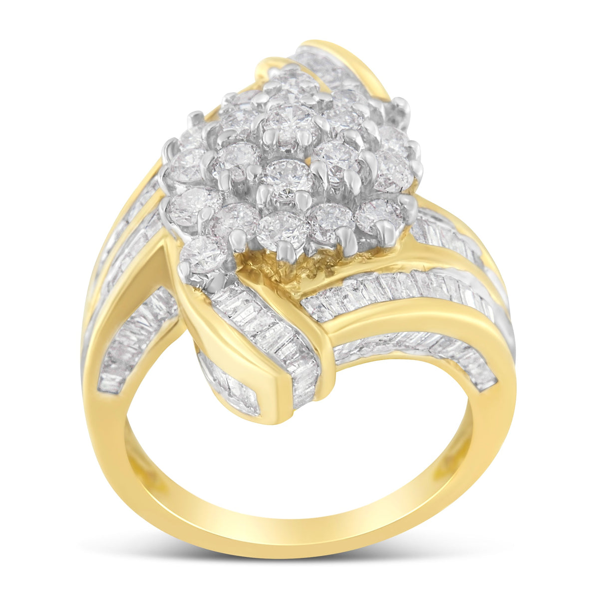 Anillo de oro amarillo de 10 qt con diamantes redondos y baguette en racimo cruzado (3 qt en total, color I-J, claridad I1-I2) - Talla 7-1/2