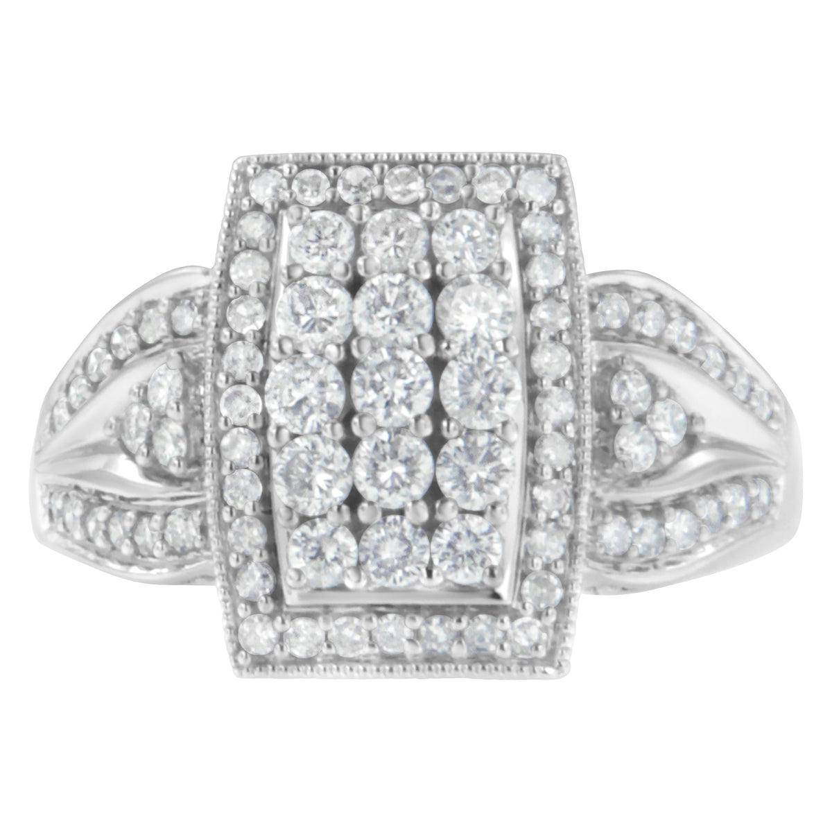 Anillo de moda tipo cóctel en oro blanco de 10K con diamantes de 1,0 Cttw, forma rectangular de cojín, halo de racimo y banda acampanada (color H-I, claridad SI2-I1) - Talla 7