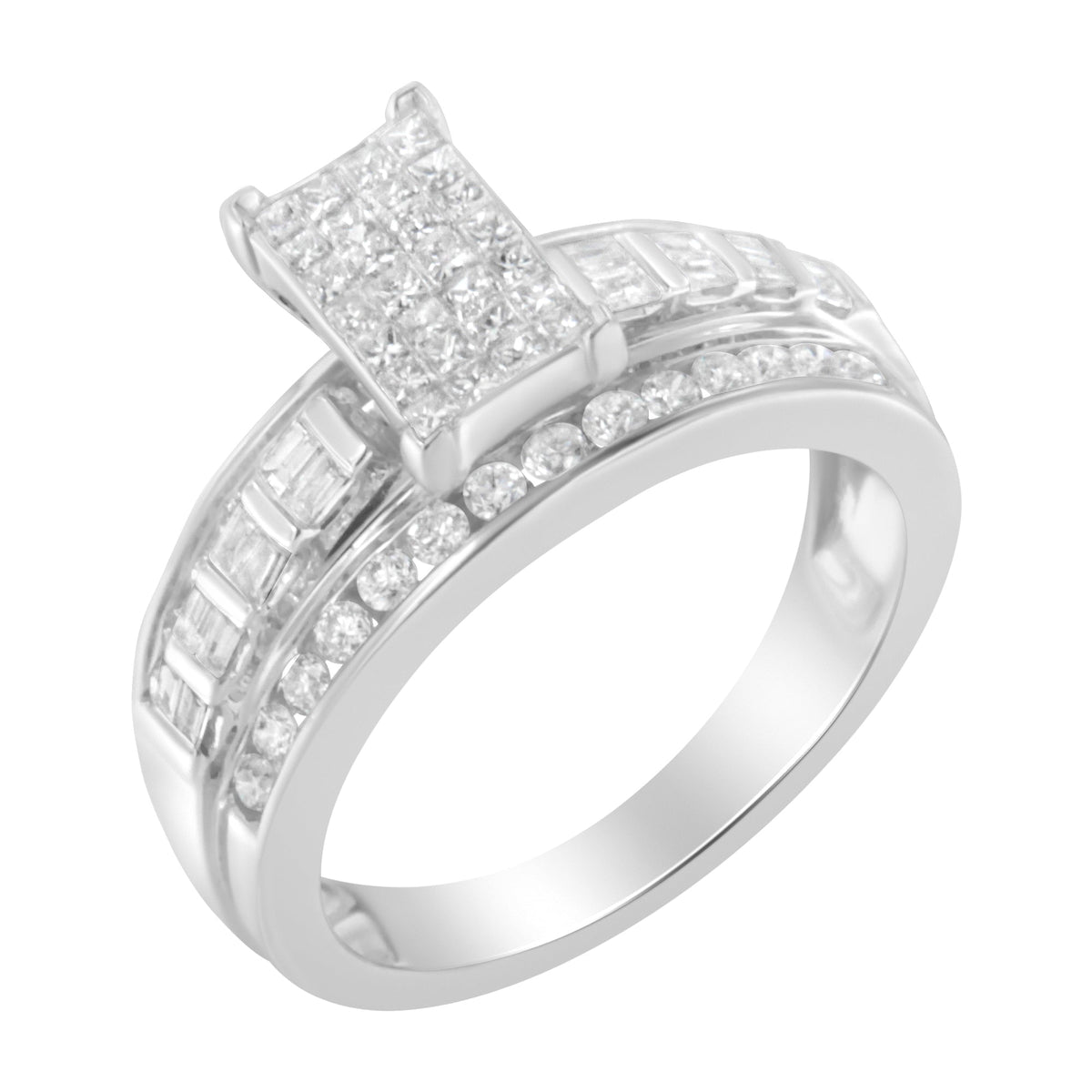 Anillo de racimo tipo clúster con corte mixto de diamantes de 1.0 Cttw engaste invisible en oro blanco de 14K con banda engastada en barra y canal (Color H-I, Claridad SI2-I1) - Talla 7