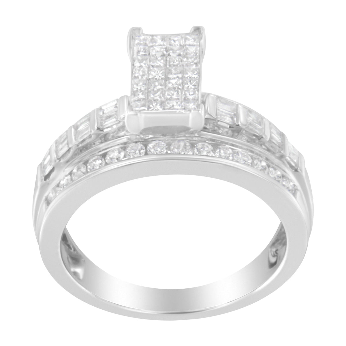 Anillo de racimo tipo clúster con corte mixto de diamantes de 1.0 Cttw engaste invisible en oro blanco de 14K con banda engastada en barra y canal (Color H-I, Claridad SI2-I1) - Talla 7