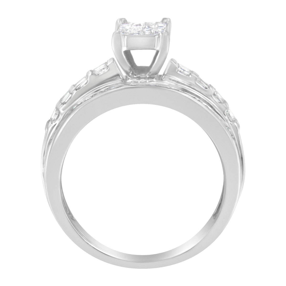 Anillo de racimo tipo clúster con corte mixto de diamantes de 1.0 Cttw engaste invisible en oro blanco de 14K con banda engastada en barra y canal (Color H-I, Claridad SI2-I1) - Talla 7