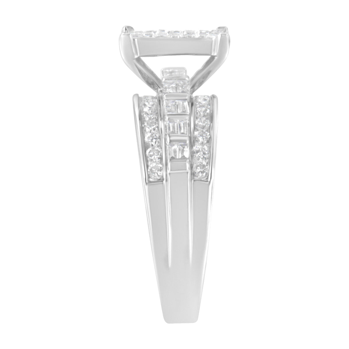 Anillo de racimo tipo clúster con corte mixto de diamantes de 1.0 Cttw engaste invisible en oro blanco de 14K con banda engastada en barra y canal (Color H-I, Claridad SI2-I1) - Talla 7