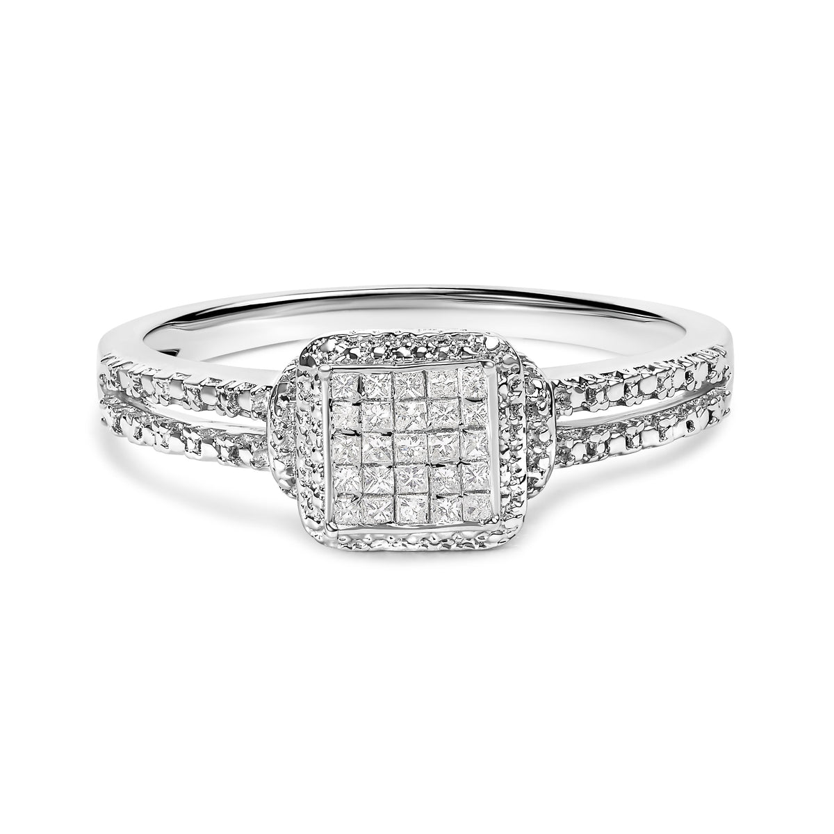 Anillo de plata de ley .925 con diamante de talla princesa de 1/4 Cttw y halo de cuentas (color H-I, claridad SI1-SI2) - Talla 7