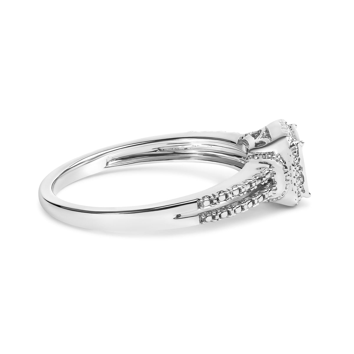 Anillo de plata de ley .925 con diamante de talla princesa de 1/4 Cttw y halo de cuentas (color H-I, claridad SI1-SI2) - Talla 7