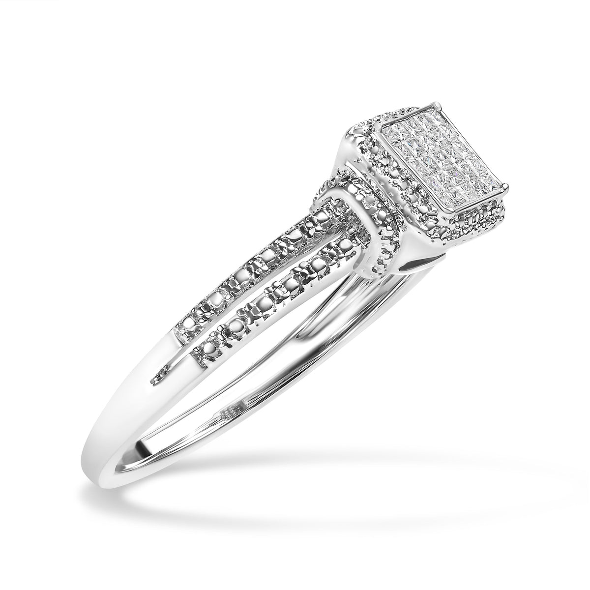 Anillo de plata de ley .925 con diamante de talla princesa de 1/4 Cttw y halo de cuentas (color H-I, claridad SI1-SI2) - Talla 7