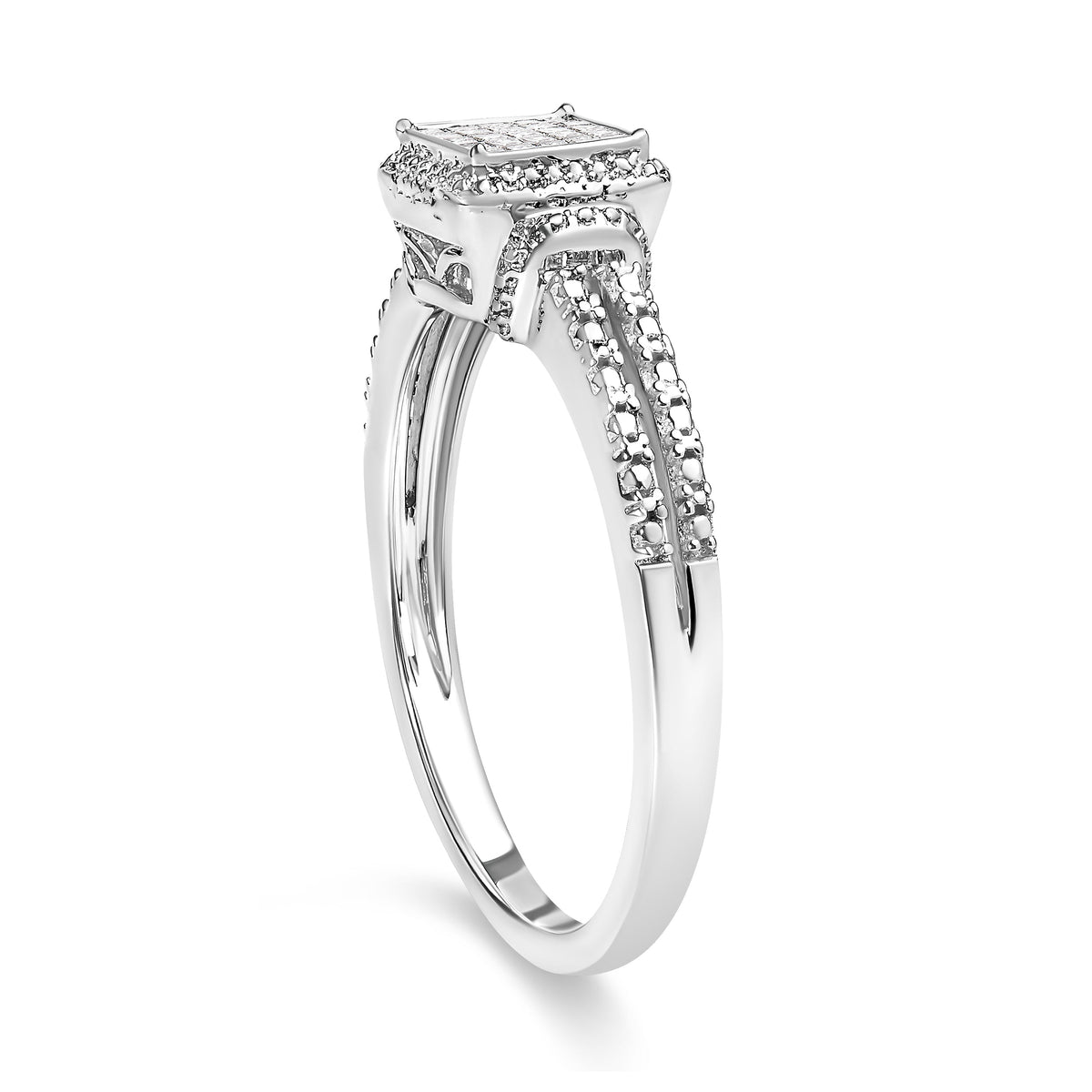 Anillo de plata de ley .925 con diamante de talla princesa de 1/4 Cttw y halo de cuentas (color H-I, claridad SI1-SI2) - Talla 7
