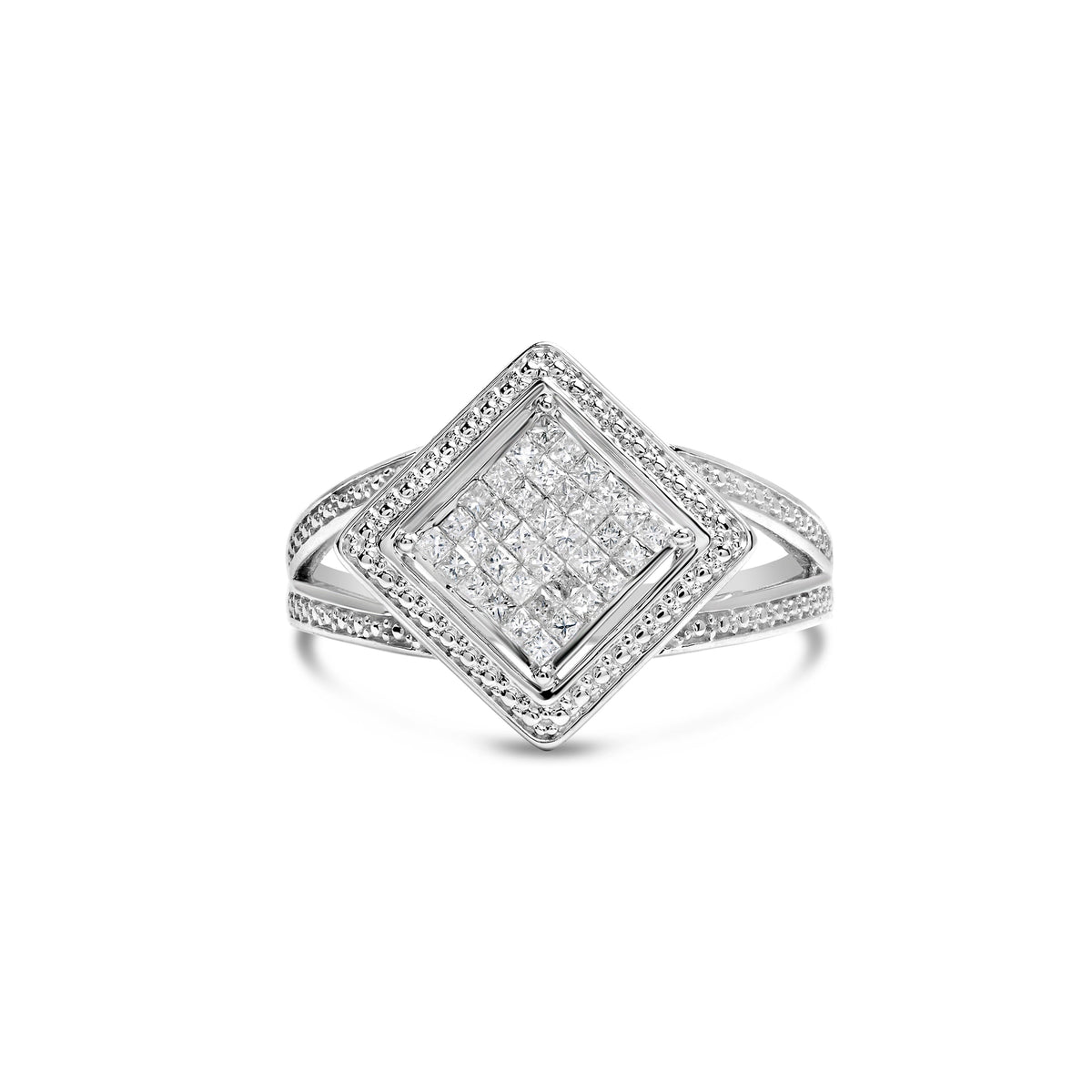 Anillo de plata de ley .925 con 1/3 Cttw de diamante de talla princesa en engaste invisible con rombo y halo de cuentas (color H-I, claridad SI1-SI2) - Talla de anillo 7