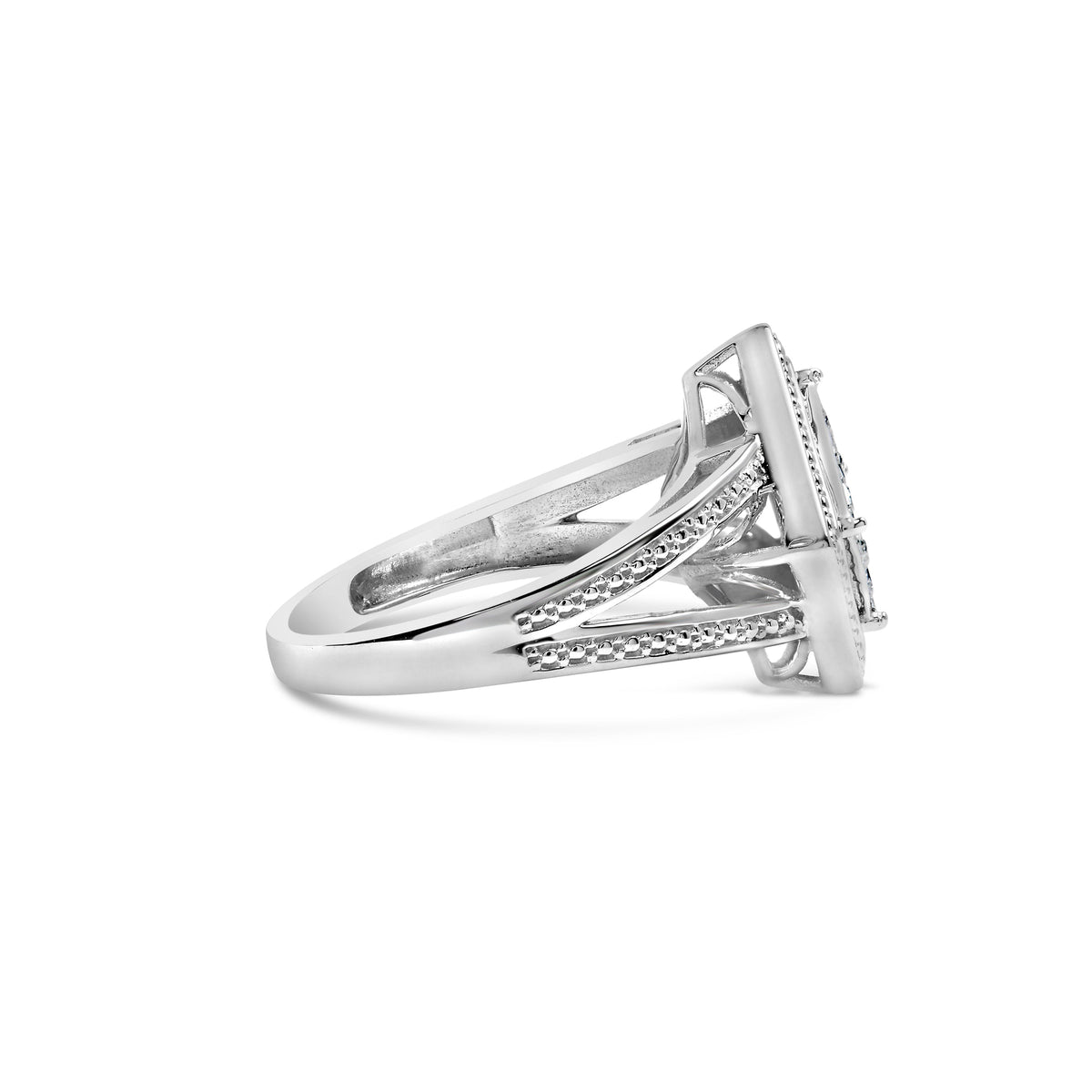 Anillo de plata de ley .925 con 1/3 Cttw de diamante de talla princesa en engaste invisible con rombo y halo de cuentas (color H-I, claridad SI1-SI2) - Talla de anillo 7
