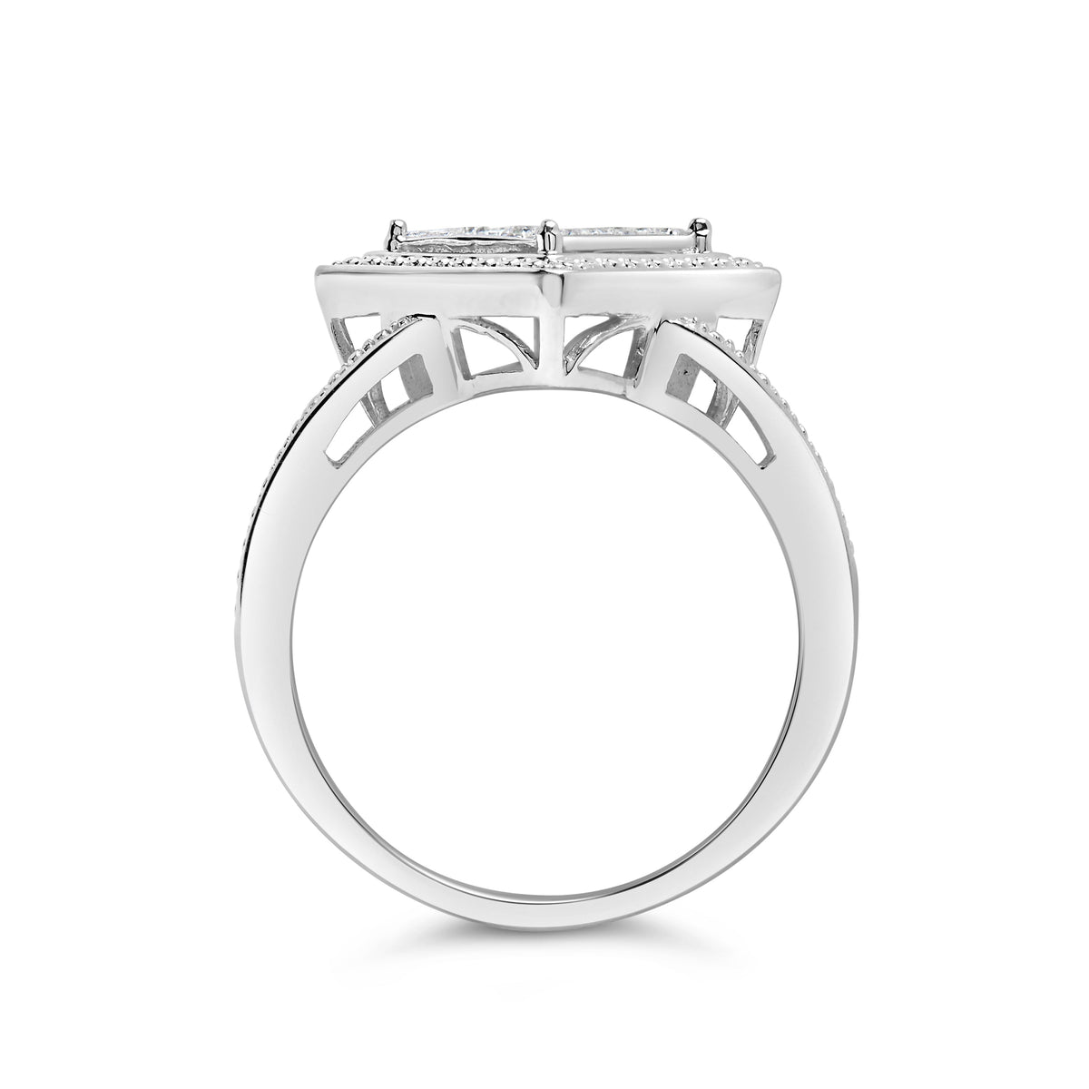 Anillo de plata de ley .925 con 1/3 Cttw de diamante de talla princesa en engaste invisible con rombo y halo de cuentas (color H-I, claridad SI1-SI2) - Talla de anillo 7