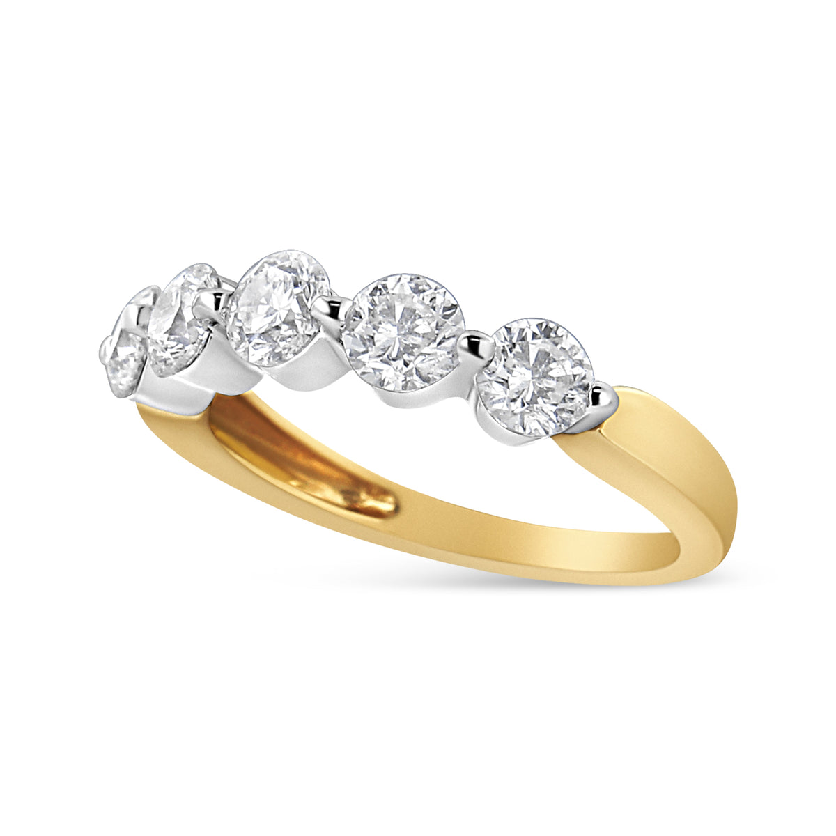 Anillo de 5 piedras de oro blanco y amarillo de 14 quilates con diamantes redondos de 1,5 quilates engastados con 2 puntas (color H-I, claridad SI2-I1) - Talla 7