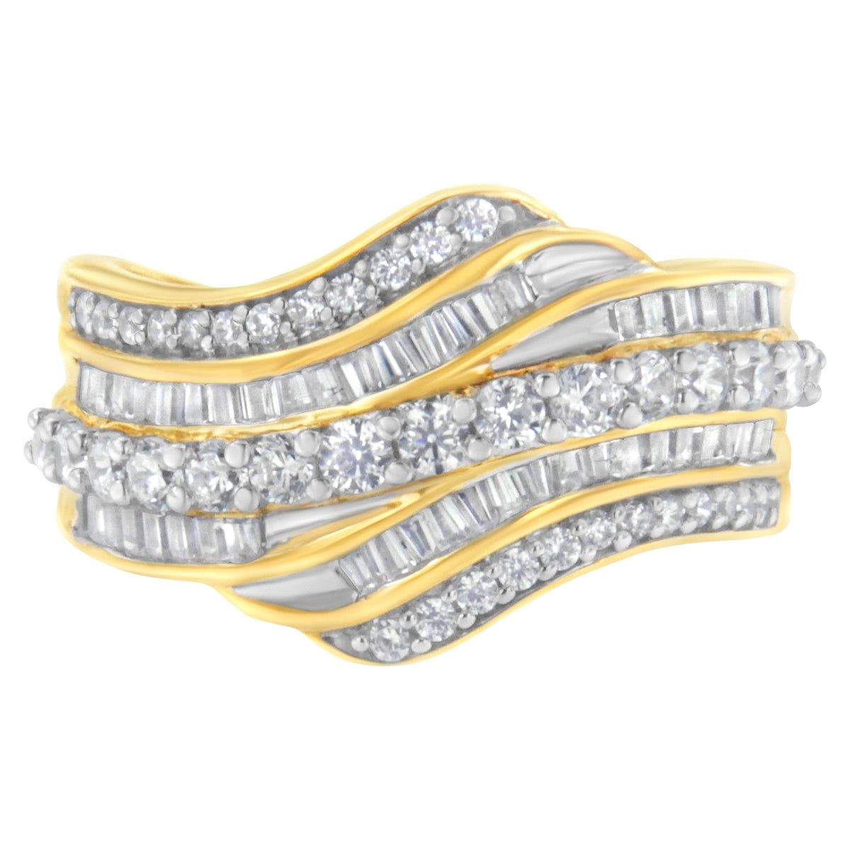 Anillo de oro amarillo de 10K con diamantes baguette y redondos de 1,0 Cttw en forma de onda multi-hilera (Color I-J, Claridad I1-I2) - Talla de anillo 7