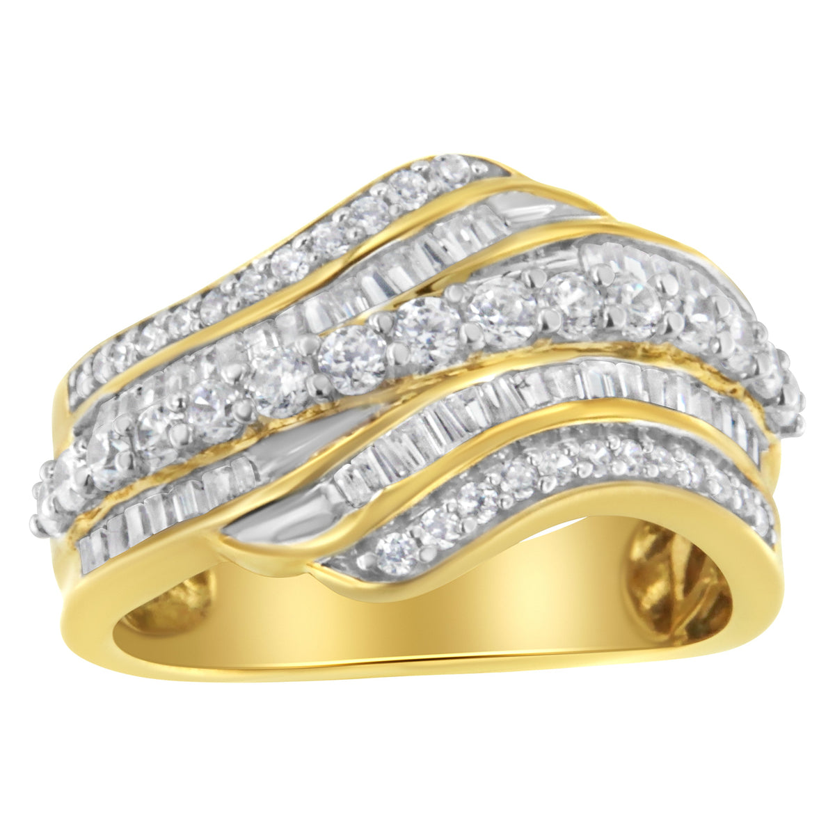 Anillo de oro amarillo de 10K con diamantes baguette y redondos de 1,0 Cttw en forma de onda multi-hilera (Color I-J, Claridad I1-I2) - Talla de anillo 7