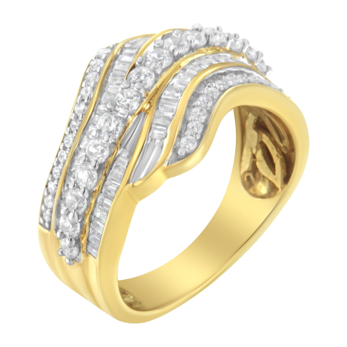 Anillo de oro amarillo de 10K con diamantes baguette y redondos de 1,0 Cttw en forma de onda multi-hilera (Color I-J, Claridad I1-I2) - Talla de anillo 7